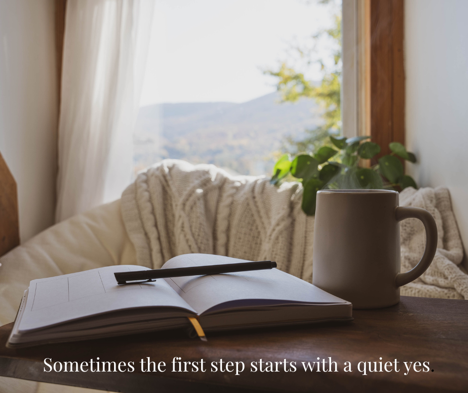 An open journal and coffee mug resting on a cozy table by a sunlit window, symbolizing reflection and new beginnings.